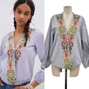 Anthropologie Multicolor Embroidered Striped Blouse